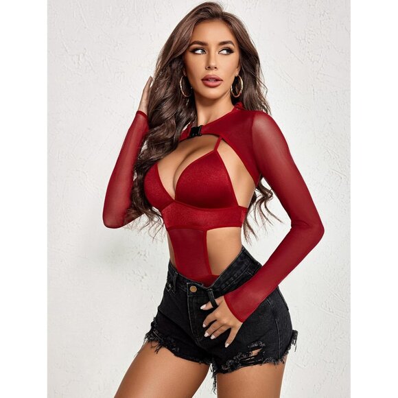 Women Hot Red Festival Sexy Lingerie Bodysuit Buckle Shrug Crop Top Set Outfits - Picture 6 of 6